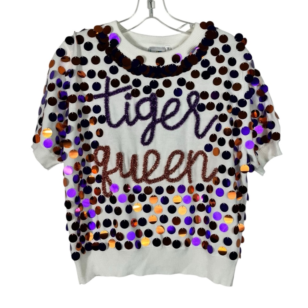 Queen Of Sparkles Tiger Queen Clemson SC Sequin Short Sleeve Sweater Top Small S